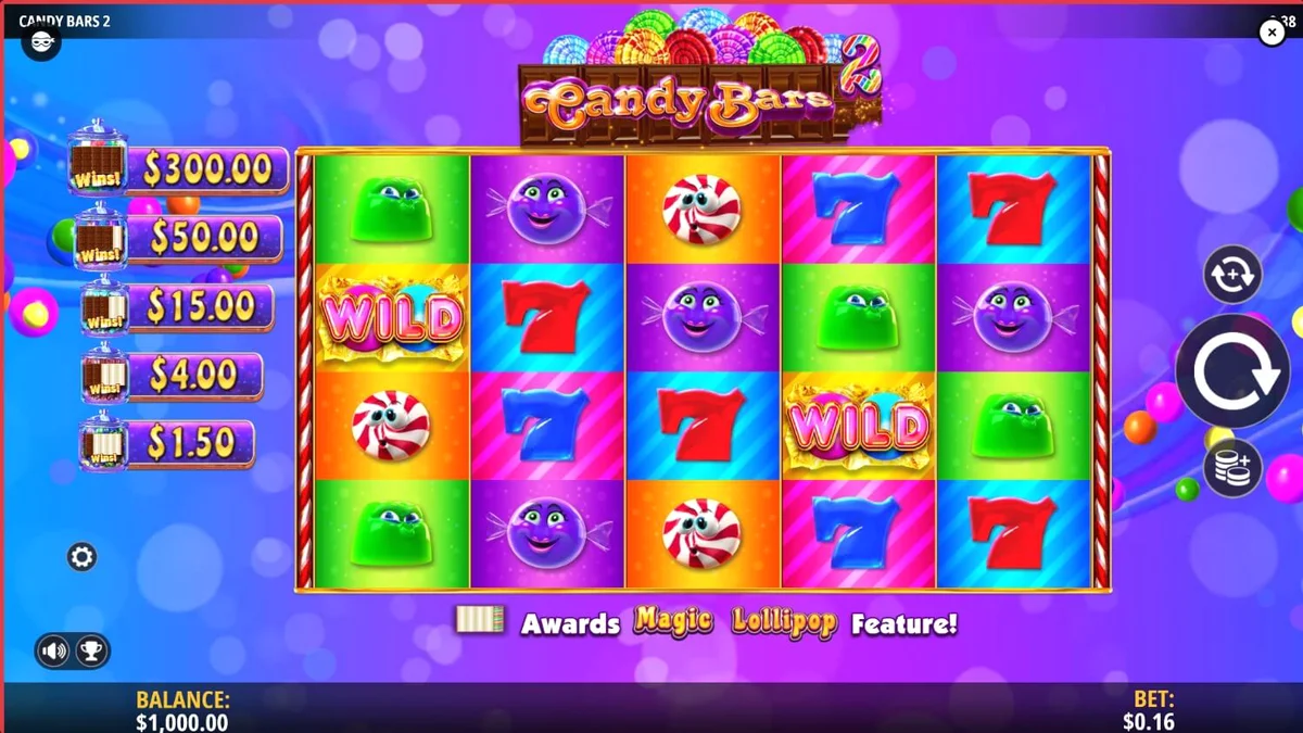 Interface vibrante do slot Candy Bars 2 com símbolos de doces e barras de chocolate