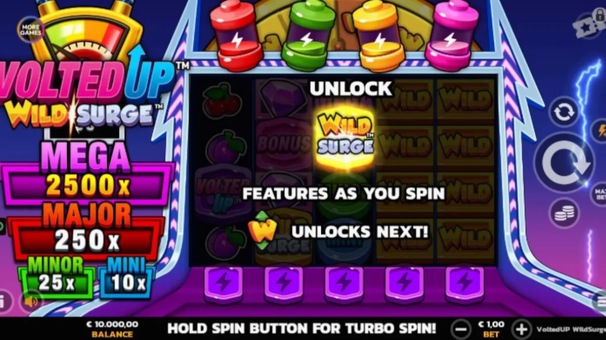 Interface vibrante e neon do slot VoltedUP WildSurge com símbolos clássicos eletrificados