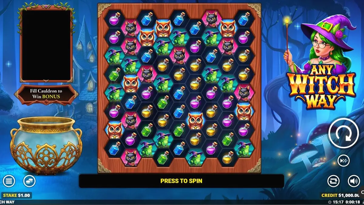 Interface mágica do slot Any Witch Way com caldeirão e símbolos temáticos